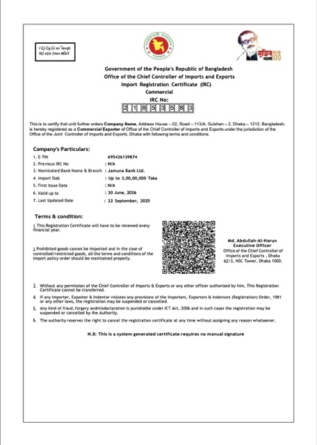 Bangladesh import registration certificate Word and PDF template